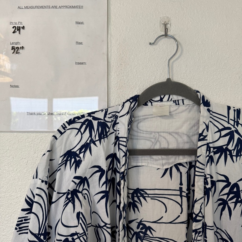 VTG Japanese Yukata Kimono Robe White Navy Bamboo Crane Print Maxi Cotton - Picture 4 of 5